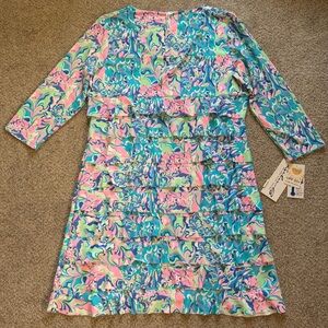 Lulu-B Pink & Aqua Swirl Ruffle Cha Cha Dress